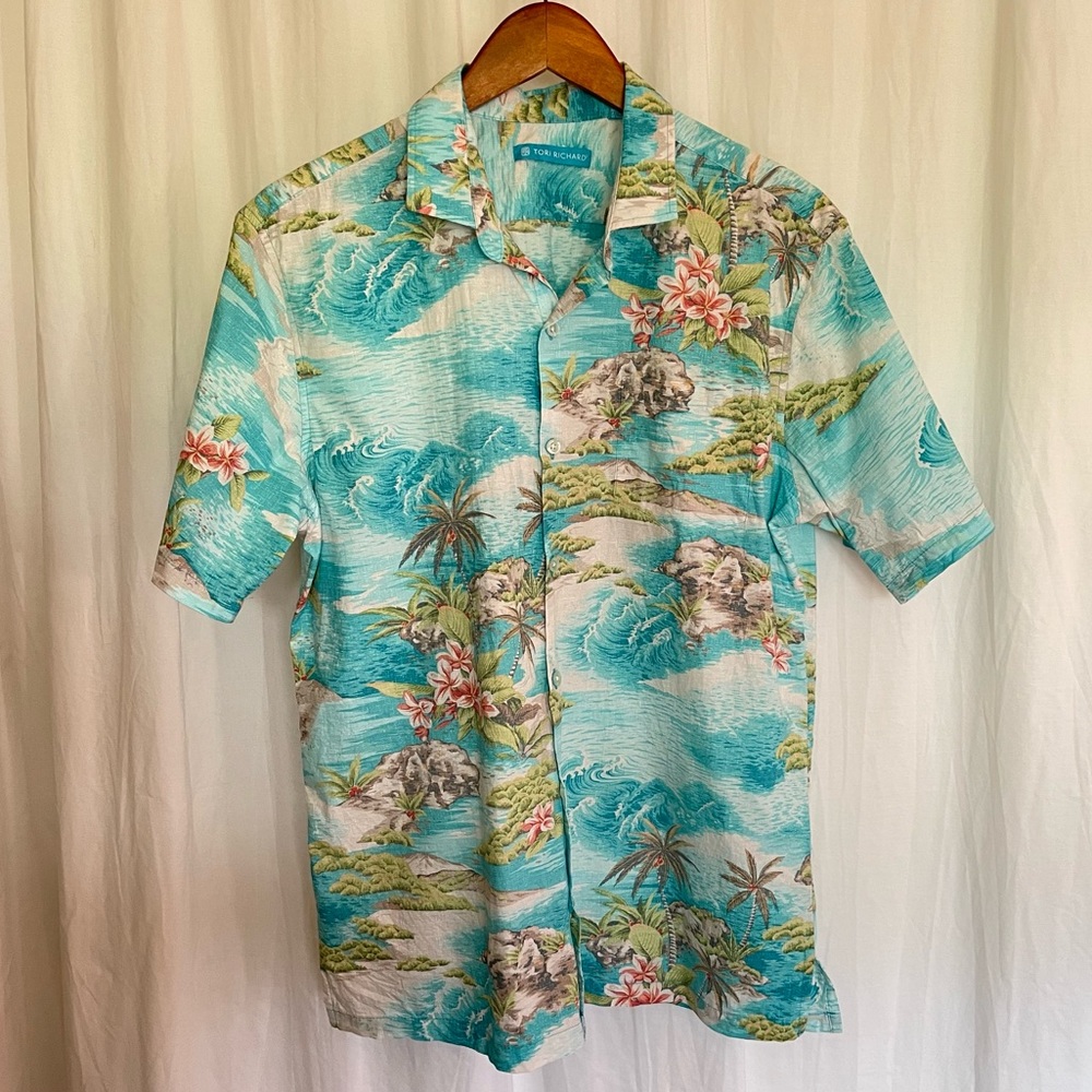 Tori Richard Men’s Teal Blue Island Print Aloha Shirt, size M